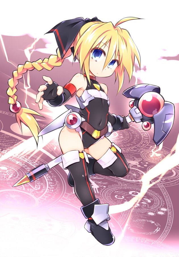 belt black_legwear blonde_hair blue_eyes boots bow braid covered_navel elbow_gloves fingerless_gloves girl_with_a_blonde_braid_(tomoshibi_hidekazu) gloves leg_lift leotard long_hair magic_circle original outstretched_arms outstretched_hand ponytail ribbon sleeveless solo standing standing_on_one_leg thighhighs tomoshibi_hidekazu very_long_hair wand weapon