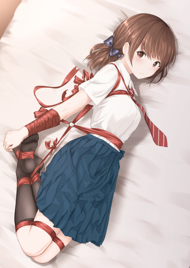 bad_id bad_pixiv_id bangs banned_artist bdsm bed_sheet black_legwear blue_skirt blush bondage bound bow brown_eyes brown_hair collared_shirt hair_bow hogtie kneehighs light_frown looking_at_viewer lying minagiku necktie no_shoes on_side original pleated_skirt ponytail red_neckwear red_ribbon ribbon ribbon_bondage school_uniform shibari shibari_over_clothes shirt short_sleeves skirt solo striped striped_neckwear white_shirt