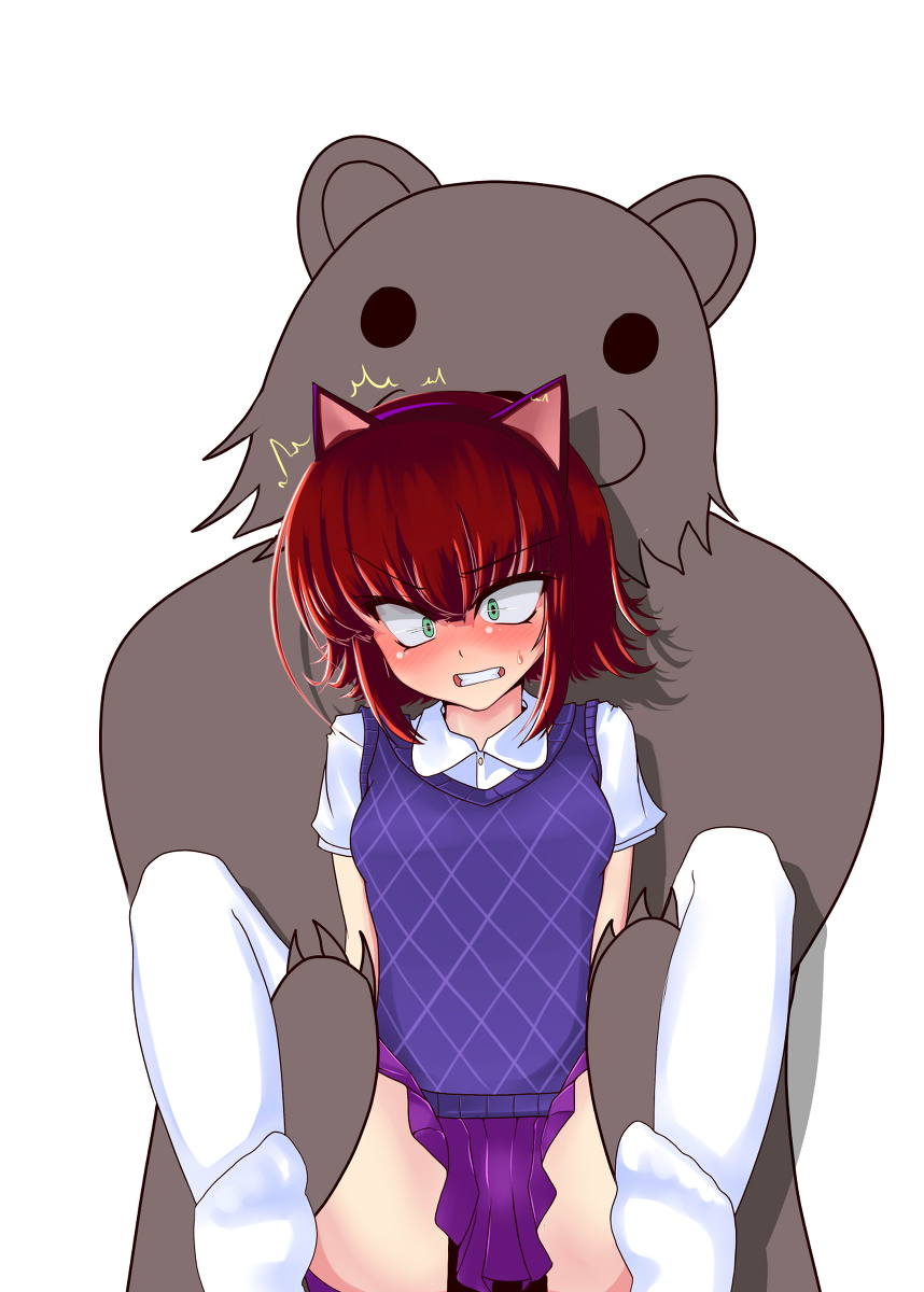 angry annie_hastur blush cat_ears green_eyes held_up leggings no_panties pedobear penetration rape red_hair restrained rnerhlrl short_hair skirt sweater-vest tagme