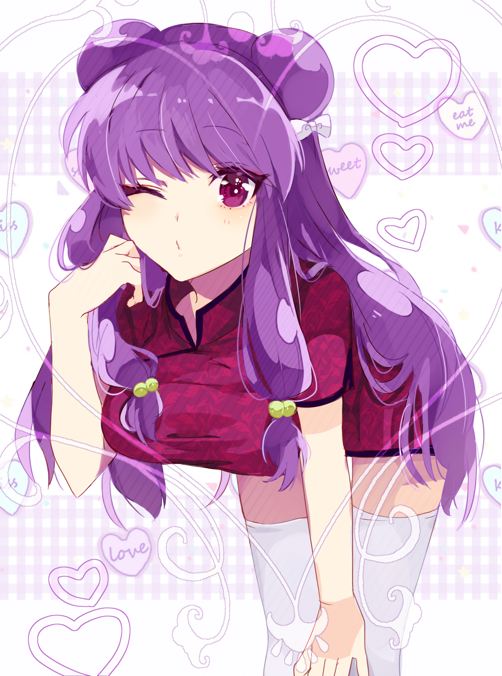 breasts china_dress chinese_clothes double_bun dress highres hikagexx large_breasts leaning_forward long_hair purple_hair ranma_1/2 shampoo_(ranma_1/2) solo