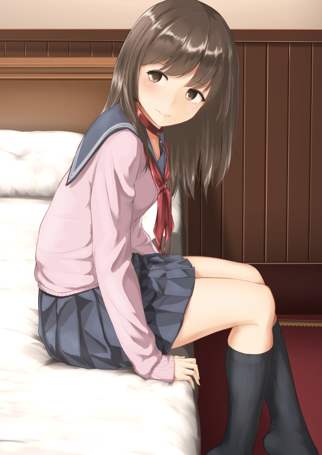 bad_id bad_pixiv_id bangs banned_artist black_legwear blue_skirt blush brown_eyes brown_hair collar kneehighs leash long_hair long_sleeves looking_back minagiku neckerchief no_shoes on_bed original pet_play pillow pink_shirt pleated_skirt school_uniform serafuku shirt sitting sitting_on_bed skirt sleeves_past_wrists smile solo