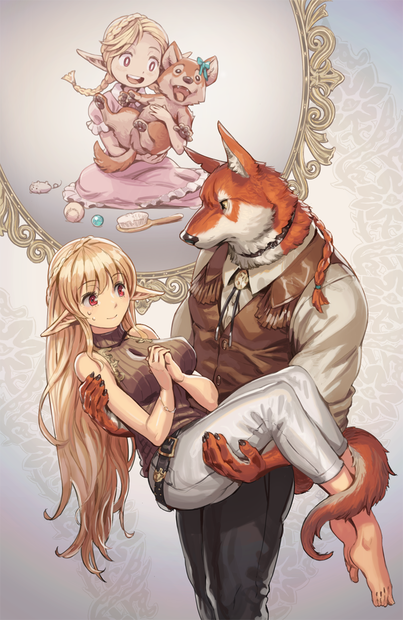 1girl animal_ears bare_shoulders barefoot belt blonde_hair braid breasts brush capri_pants carrying commentary dog dog_ears dog_tail elf eyebrows eyebrows_visible_through_hair furry highres interlocked_fingers large_breasts long_hair looking_at_another original pants pointy_ears princess_carry red_eyes shirt sleeveless sweat sweater_vest tail very_long_hair yamamoto_shikaku