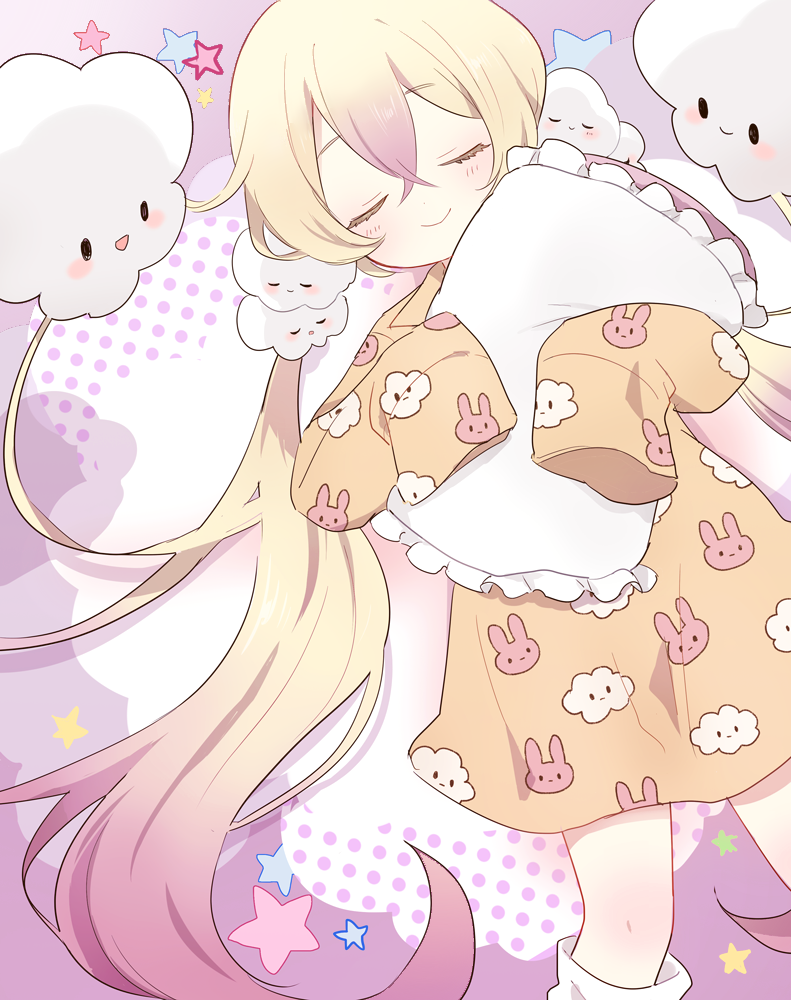 50yen animal_print blonde_hair bunny_print closed_eyes cloud_print long_hair mahou_shoujo_ikusei_keikaku mahou_shoujo_ikusei_keikaku_unmarked nemurin pajamas pillow pillow_hug print_pajamas sleeping sleeves_past_wrists solo white_legwear