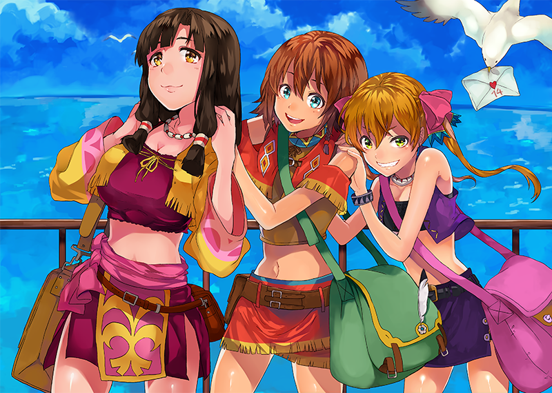 &gt;:) :d amy_(suisei_no_gargantia) aqua_eyes bag bare_shoulders belt belt_pouch bird black_hair blonde_hair breasts brown_hair capelet cleavage cowboy_shot crop_top day grin hand_on_another's_shoulder jewelry large_breasts long_sleeves looking_at_viewer melty_(suisei_no_gargantia) messenger_bag minazuki_(0038) multiple_girls navel necklace ocean open_clothes open_mouth open_vest pouch railing saaya_(suisei_no_gargantia) sash seagull shoulder_bag shoulder_cutout skirt small_breasts smile stomach strapless suisei_no_gargantia teeth tubetop v-shaped_eyebrows vest yellow_eyes