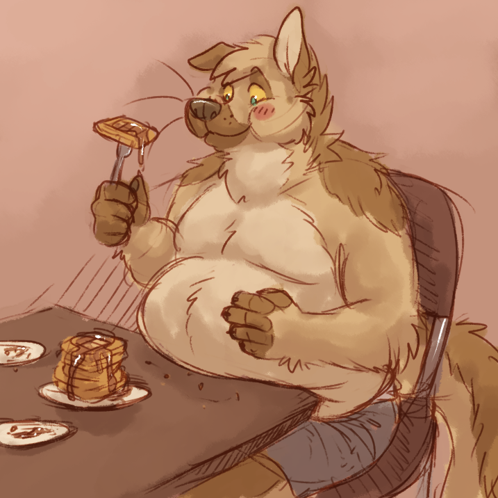 anthro belly berlin big_belly blush brown_fur canine chair chubby_cheeks claws clothed clothing dog eating food fork fur german_shepherd holding_object male mammal overweight overweight_male plate sitting smile solo squish table tan_fur topless waffle