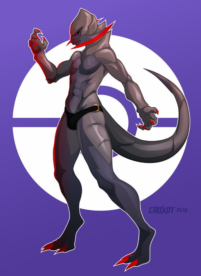 3_toes 4_fingers abs anthro anthrofied athletic black_scales black_sclera claws clothing croxot_(artist) digitigrade feet haxorus male multicolored_scales navel nintendo nipples pecs pok&eacute;mon red_eyes scales simple_background toes two_tone_scales underwear video_games