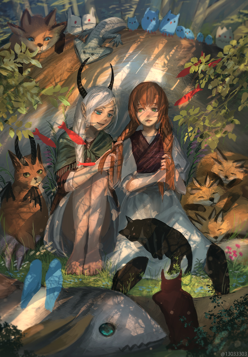 animal arizuka_(13033303) barefoot bird braid braiding_hair cat commentary dress fantasy fox green_eyes hairdressing horns lizard long_hair mole mole_under_eye multiple_girls nature orange_hair original outdoors pointy_ears sitting white_hair