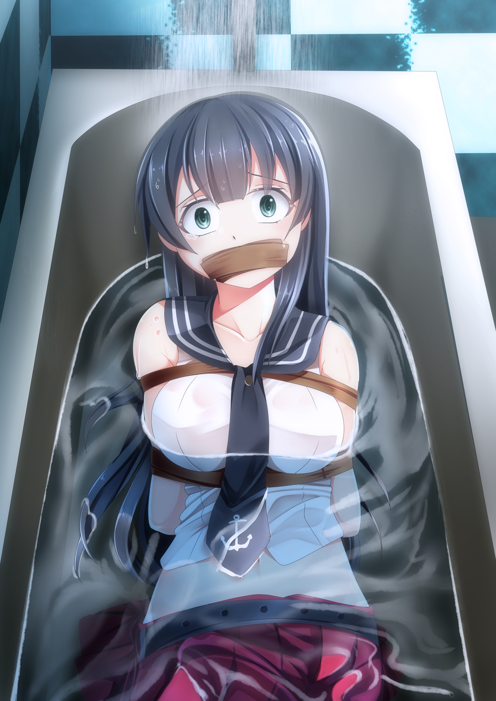 agano_(kantai_collection) anchor_symbol arms_behind_back bangs bare_arms bare_shoulders bathtub bdsm black_hair black_neckwear blunt_bangs bondage bound breasts checkered checkered_floor checkered_wall collarbone commentary cowboy_shot eyebrows eyebrows_visible_through_hair from_above gag green_eyes head_tilt highres improvised_gag indoors kantai_collection looking_at_viewer lying medium_breasts navel necktie on_back partially_submerged red_skirt restrained scared shirt skirt sleeveless sleeveless_shirt solo stomach tape tape_gag torture water water_drop wet wet_hair white_shirt yasume_yukito