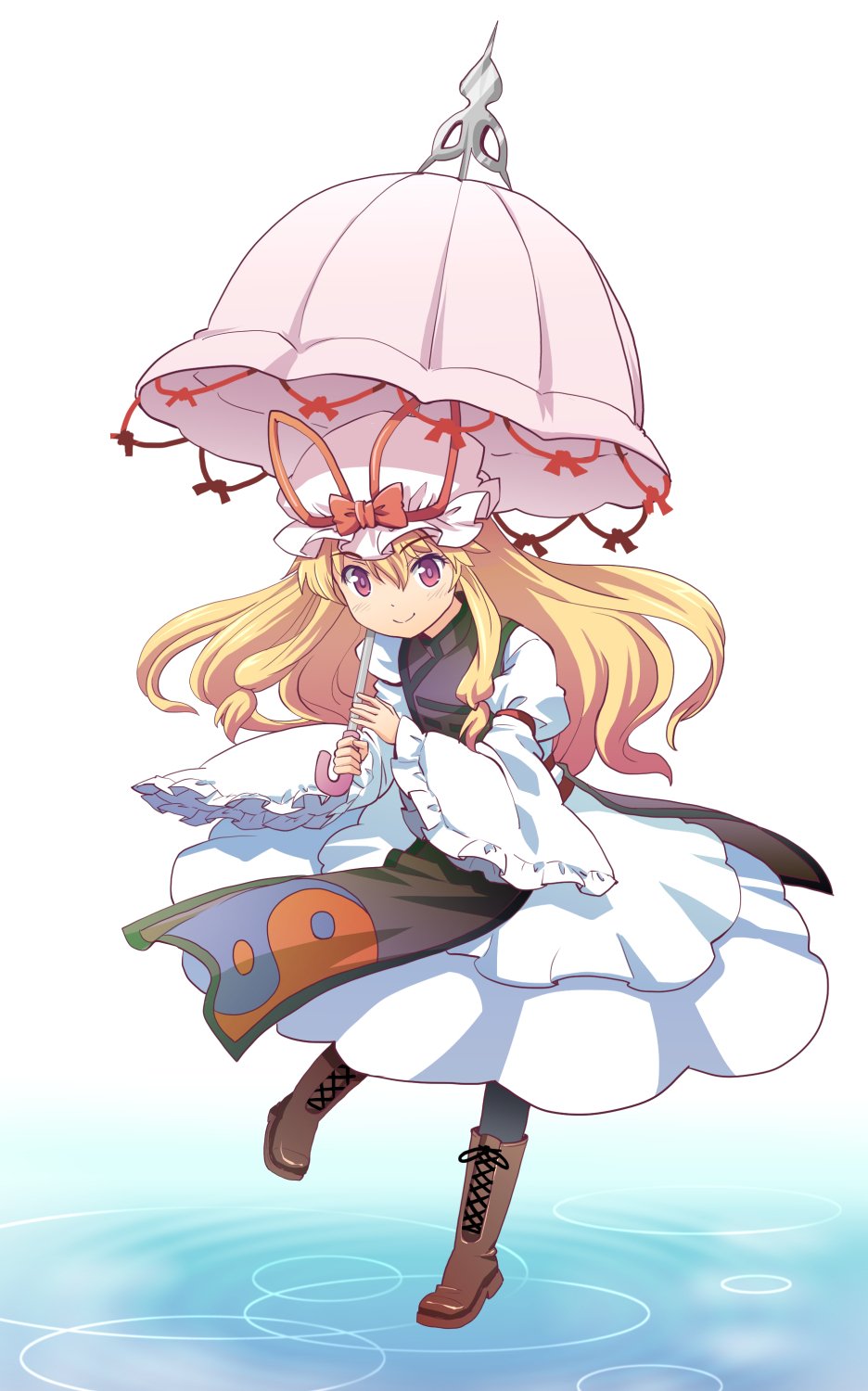 blonde_hair boots bow commentary_request cross-laced_footwear dress frilled_dress frilled_sleeves frills hair_tie haniwa_(leaf_garden) hat hat_bow highres holding holding_umbrella lace-up_boots lolikari long_hair long_sleeves looking_at_viewer mob_cap pantyhose red_eyes sidelocks smile solo standing standing_on_liquid touhou umbrella water wide_sleeves yakumo_yukari yin_yang younger