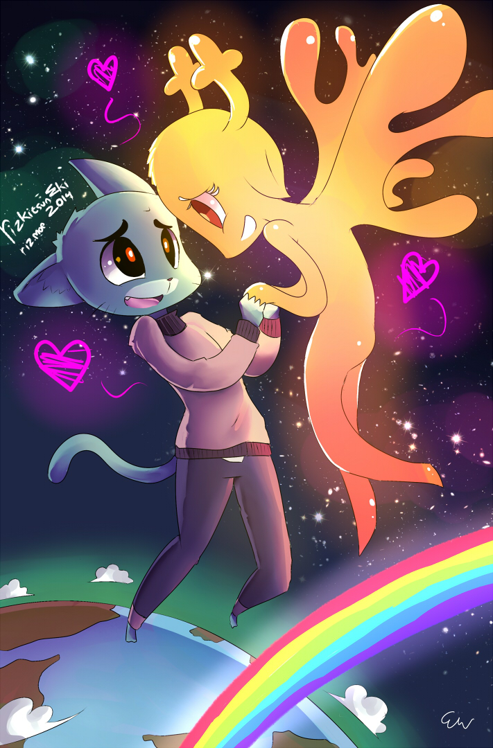 &lt;3 anthro antlers blue_fur cartoon_network cat clothing cloud duo feline fur gumball_watterson hand_holding horn humanoid mammal pants penny_fitzgerald planet rainbow rizkitsuneki shirt space star the_amazing_world_of_gumball wings young