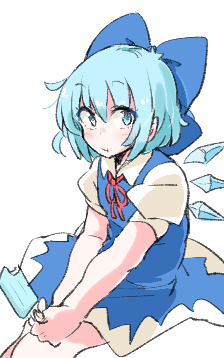 blue_eyes blue_hair blush bow cirno collared_shirt dress eating food hair_bow highres ice ice_wings looking_at_viewer popsicle shirt short_hair sitting solo touhou wings zk_(zk_gundan)