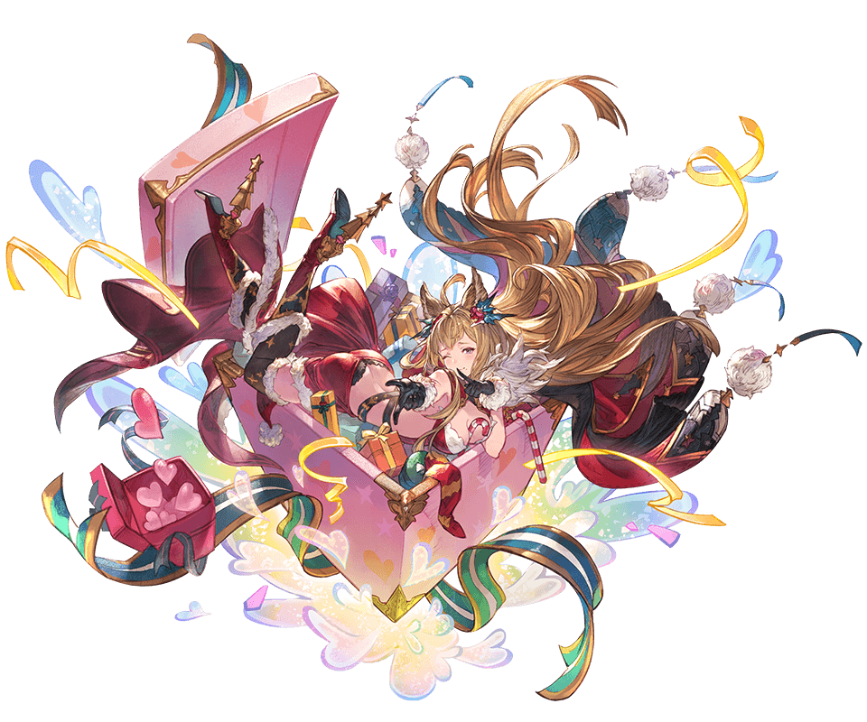 1girl animal_ears bangs between_breasts black_gloves black_legwear blonde_hair boots box breasts brown_eyes cape dress erune full_body fur_trim gift gift_box gloves granblue_fantasy heart high_heel_boots high_heels knee_boots long_hair looking_at_viewer lying metera_(granblue_fantasy) minaba_hideo official_art on_stomach one_eye_closed pom_pom_(clothes) ribbon short_dress sleeveless thighhighs transparent_background zettai_ryouiki