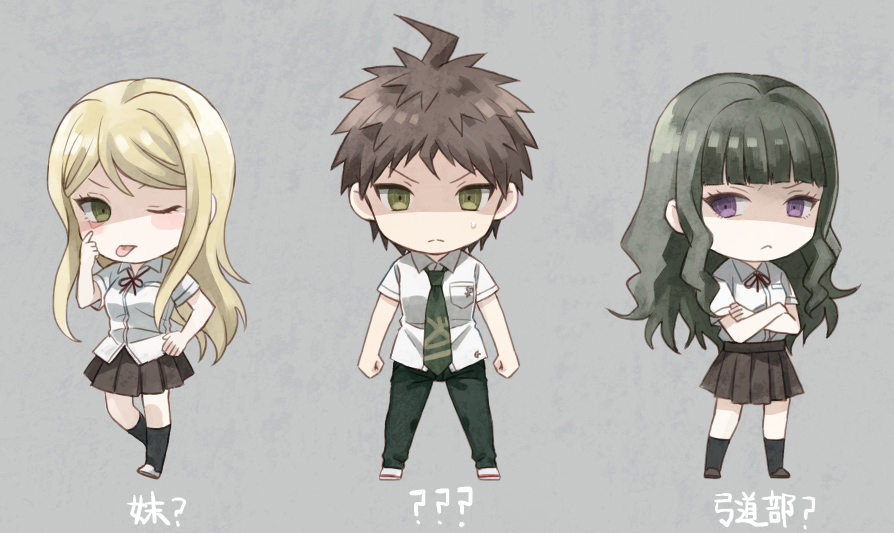 2girls bad_id bad_pixiv_id black_hair blonde_hair blush_stickers crossed_arms danganronpa danganronpa_3 green_eyes hand_on_hip hinata_hajime kibougamine_gakuen_school_uniform kuzuryuu_natsumi long_hair multiple_girls okuragon purple_eyes satou_(danganronpa) school_uniform tongue translation_request