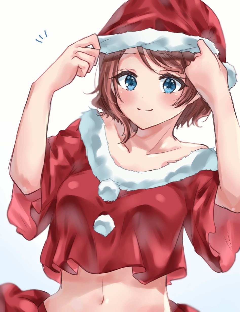 1girl adjusting_clothes adjusting_hat blue_eyes blush brown_hair christmas collarbone commentary_request crop_top fur-trimmed_shirt hat highres looking_at_viewer love_live! love_live!_sunshine!! midriff minori_748 navel notice_lines pom_pom_(clothes) red_shirt santa_costume santa_hat shirt short_hair short_sleeves smile solo upper_body watanabe_you