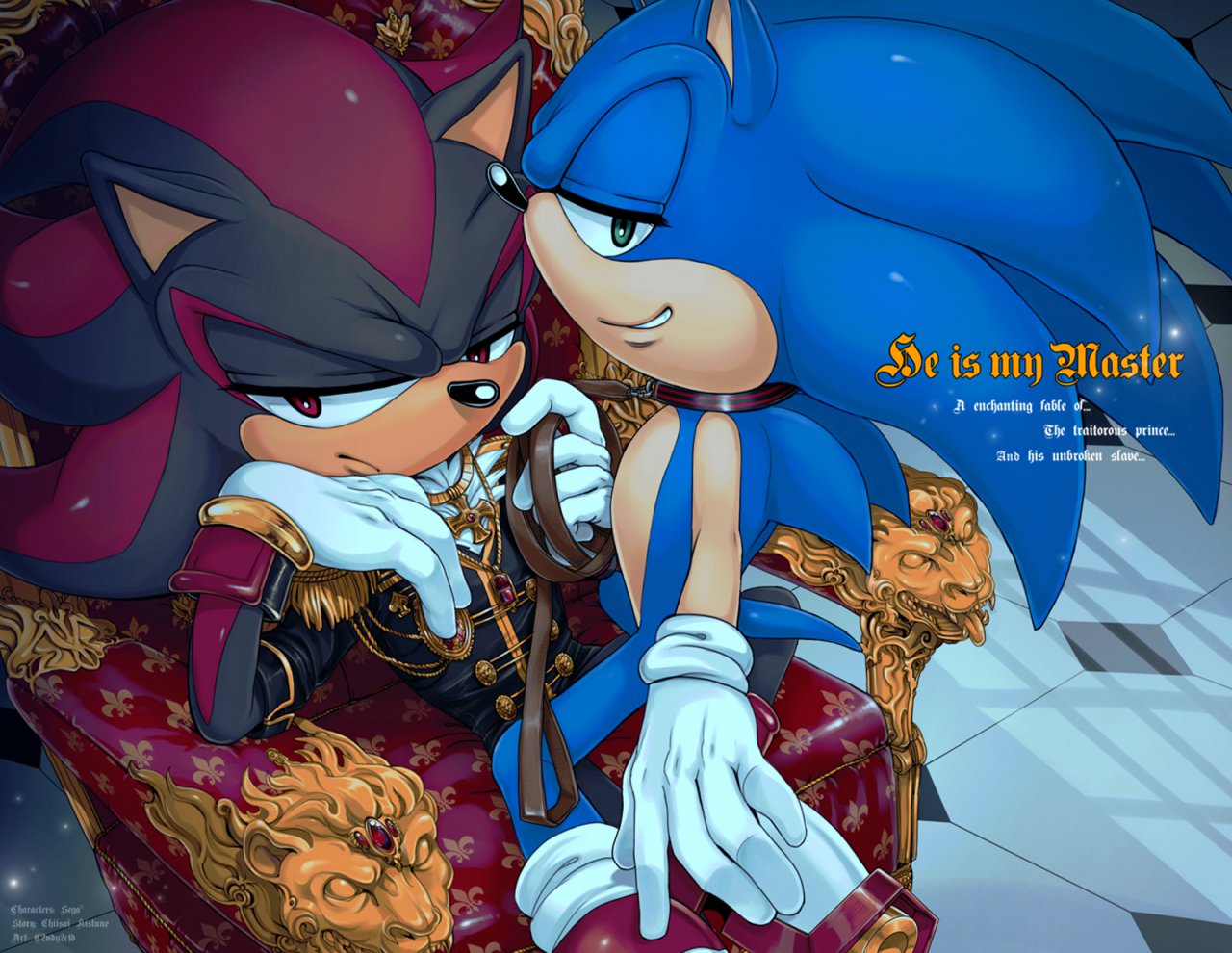 anthro blue_body bracelet c2ndy2c1d chair clothed clothing collar detailed_background digital_media_(artwork) duo english_text eulipotyphlan footwear gloves gold_(metal) gold_necklace green_eyes hedgehog jewelry leash male male/male mammal necklace petplay red_eyes roleplay shadow_the_hedgehog shoes sitting smile sonic_(series) sonic_the_hedgehog straddling text throne uniform