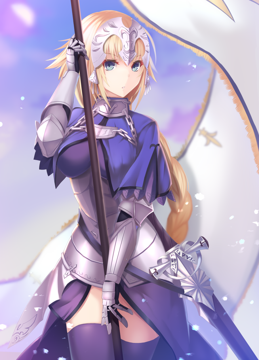 :o armor armored_dress bad_id bad_pixiv_id banner black_legwear blonde_hair blue_eyes breasts capelet fate/apocrypha fate_(series) flagpole gauntlets headpiece highres jeanne_d'arc_(fate) jeanne_d'arc_(fate)_(all) large_breasts long_hair scabbard sheath sheathed solo sword thighhighs very_long_hair wakame_mi weapon