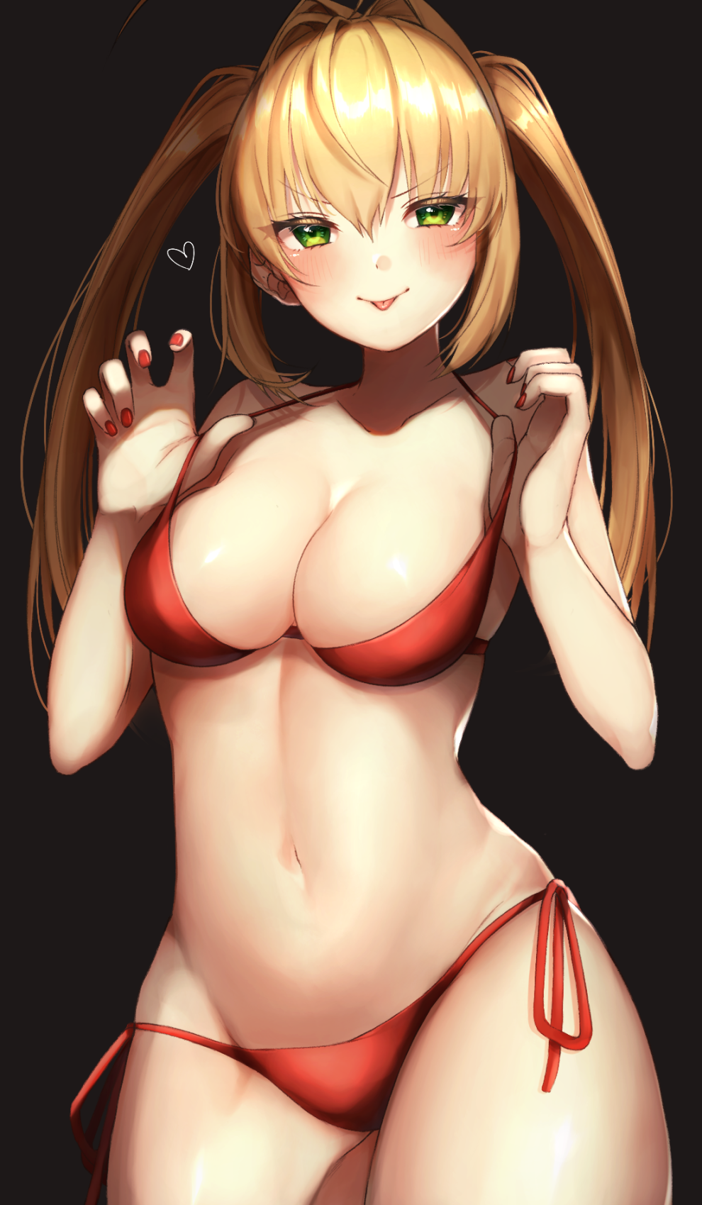 1girl :p ahoge bikini black_background blonde_hair breasts cleavage commentary fate_(series) green_eyes groin_tendon hair_between_eyes heart highres large_breasts nail_polish nero_claudius_(fate)_(all) red_bikini red_nails side-tie_bikini_bottom solo strap_gap swimsuit thighs tongue tongue_out twintails twintails_day yayoimaka03