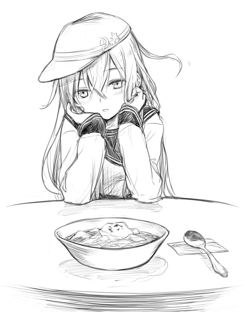 anchor_symbol blush chin_rest food gou_(double_trigger) greyscale hair_between_eyes hammer_and_sickle hands_on_own_cheeks hands_on_own_face hat head_tilt hibiki_(kantai_collection) kantai_collection long_hair looking_at_viewer monochrome open_mouth school_uniform simple_background sitting sketch solo spoon uniform verniy_(kantai_collection) white_background