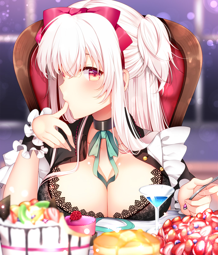 1girl agekichi_(heart_shape) bangs between_breasts blurry blurry_background blush breast_rest breasts cake chair choker cleavage cleavage_cutout cup dress finger_licking food frilled_dress frills fruit green_ribbon hair_between_eyes hairband holding holding_spoon indoors lace lace-trimmed_dress large_breasts licking long_hair looking_at_viewer neck_ribbon original red_eyes red_hairband ribbon sidelocks sitting solo spoon strawberry two_side_up white_hair wrist_cuffs