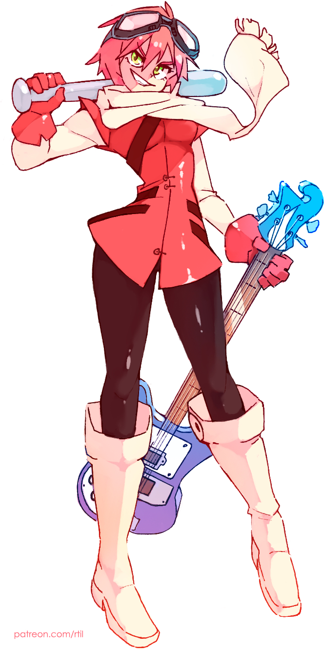 1girl baseball_bat bass_guitar black_legwear boots breasts dual_wielding flcl full_body goggles goggles_on_head green_eyes grin haruhara_haruko highres holding instrument knee_boots long_legs pantyhose pink_footwear pink_hair pink_scarf rtil scarf short_hair slender_waist smile solo