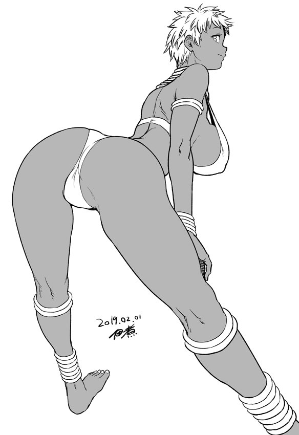 1girl alternate_breast_size anklet armlet ass back barefoot bent_over bikini bracelet breasts commentary_request dark_skin dated elena_(street_fighter) flat_ass from_behind hand_on_own_knee jewelry kneepits large_breasts long_legs looking_back monochrome neck_ring short_hair solo strap_gap street_fighter street_fighter_iii_(series) swimsuit toes tsukudani_(coke-buta) very_dark_skin very_short_hair white_hair