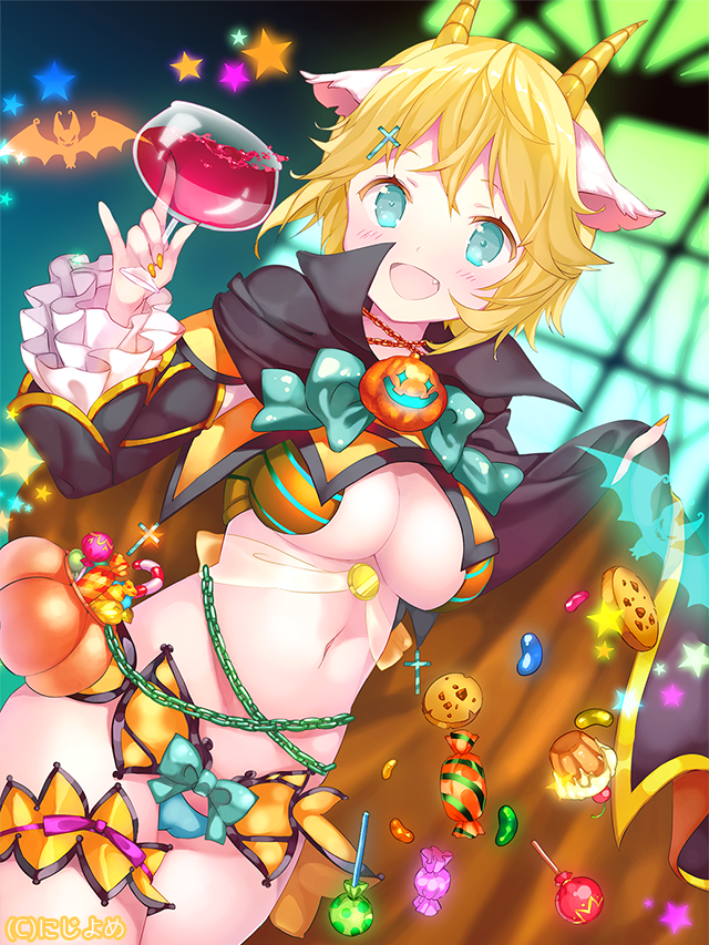 :d animal_ears aqua_eyes aqua_panties bat blonde_hair blush breasts cameltoe candy candy_cane cape chain cleavage cookie cross cross_hair_ornament cup drinking_glass dutch_angle ebisque fang food glass glowing hair_ornament halloween halloween_costume holding holding_cup horns jelly_bean leg_garter long_sleeves medium_breasts midriff nail_polish navel official_art open_mouth panties short_hair smile solo standing star underwear valhalla_valkyries vampire_costume watermark window wine_glass wrapped_candy yellow_nails