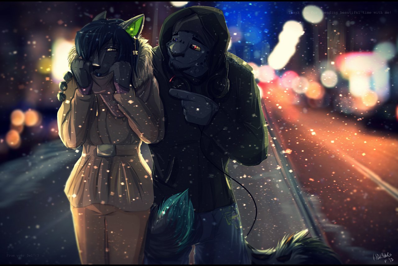 black_fur black_hair car clothing coat cold depth_of_field felid female fluffy fluffy_tail fur green_fur hair headphones hoodie lens_flare long_tail looking_at_partner male mammal outside pointing red_eyes sidewalk smile snow sony spots standing street tai_lung vehicle winter_coat