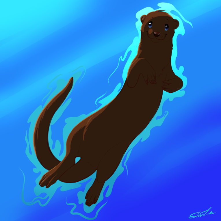 ambiguous_gender blue_background blue_eyes brown_fur brown_nose claws cute fur hindpaw long_tail looking_at_viewer mammal mustelid otter paws shaza_(artist) simple_background smile solo swimming water