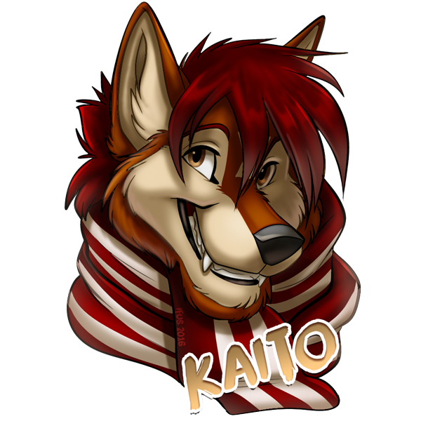 2016 alpha_channel anthro black_nose brown_eyes brown_fur canine digital_media_(artwork) fangs front_view fur hair headshot_portrait ifus kaito_(chronis_wolf) looking_at_viewer male mammal multicolored_fur name_badge portrait red_hair scarf signature simple_background smile solo tan_fur teeth timber_wolf transparent_background two_tone_fur wolf
