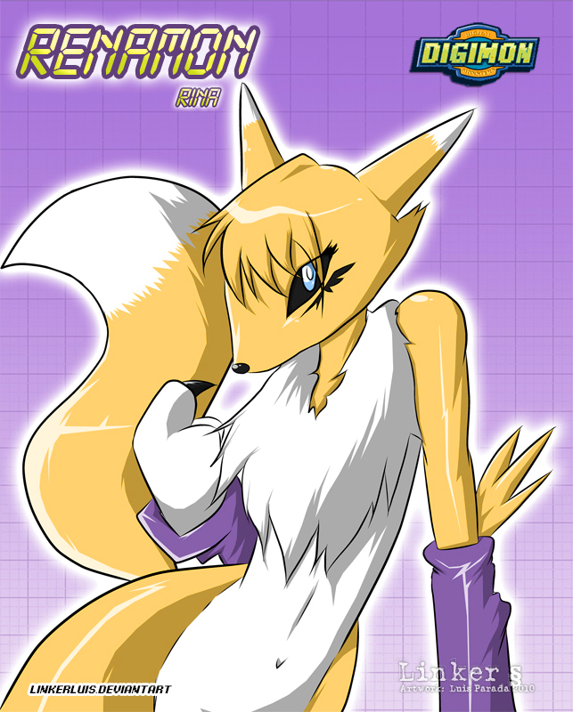 ambiguous_gender anthro black_sclera blonde_hair blue_eyes bridal_gauntlets canine digimon fox fur hair linkerluis mammal mostly_nude navel neck_tuft renamon solo tuft white_belly white_fur yellow_fur