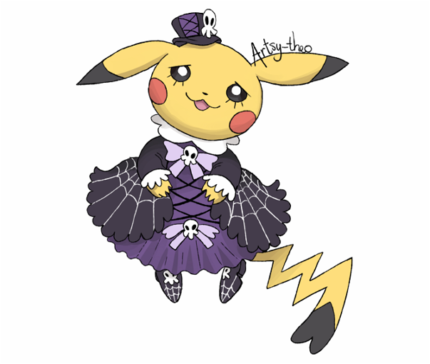 &lt;3_tail artsy-theo cleft_tail dipstick_ears dipstick_tail female goth half-closed_eyes multicolored_tail nintendo pikachu pok&eacute;mon rosy_cheeks simple_background skull solo spider_web video_games white_background