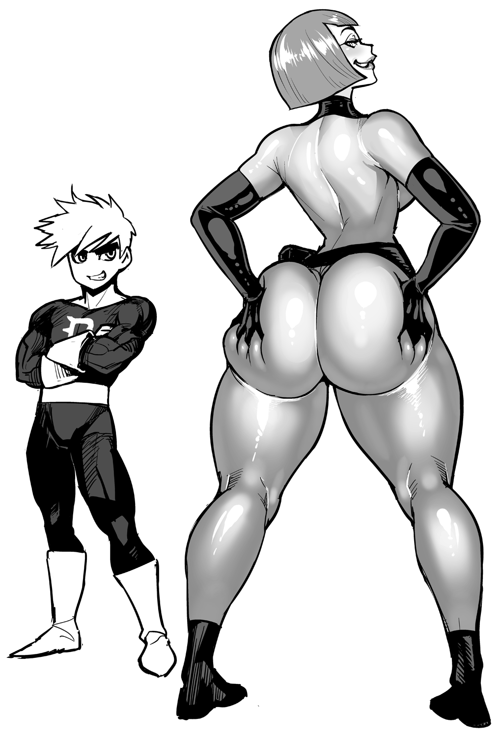 1girl ass ass_grab bodysuit danny_fenton danny_phantom elbow_gloves from_behind full_body gloves grabbing_own_ass greyscale grin highres huge_ass looking_at_viewer looking_back maddie_fenton mature monochrome mother_and_son muscle naughty_face short_hair simple_background smile standing synecdoche thick_thighs thighs white_background