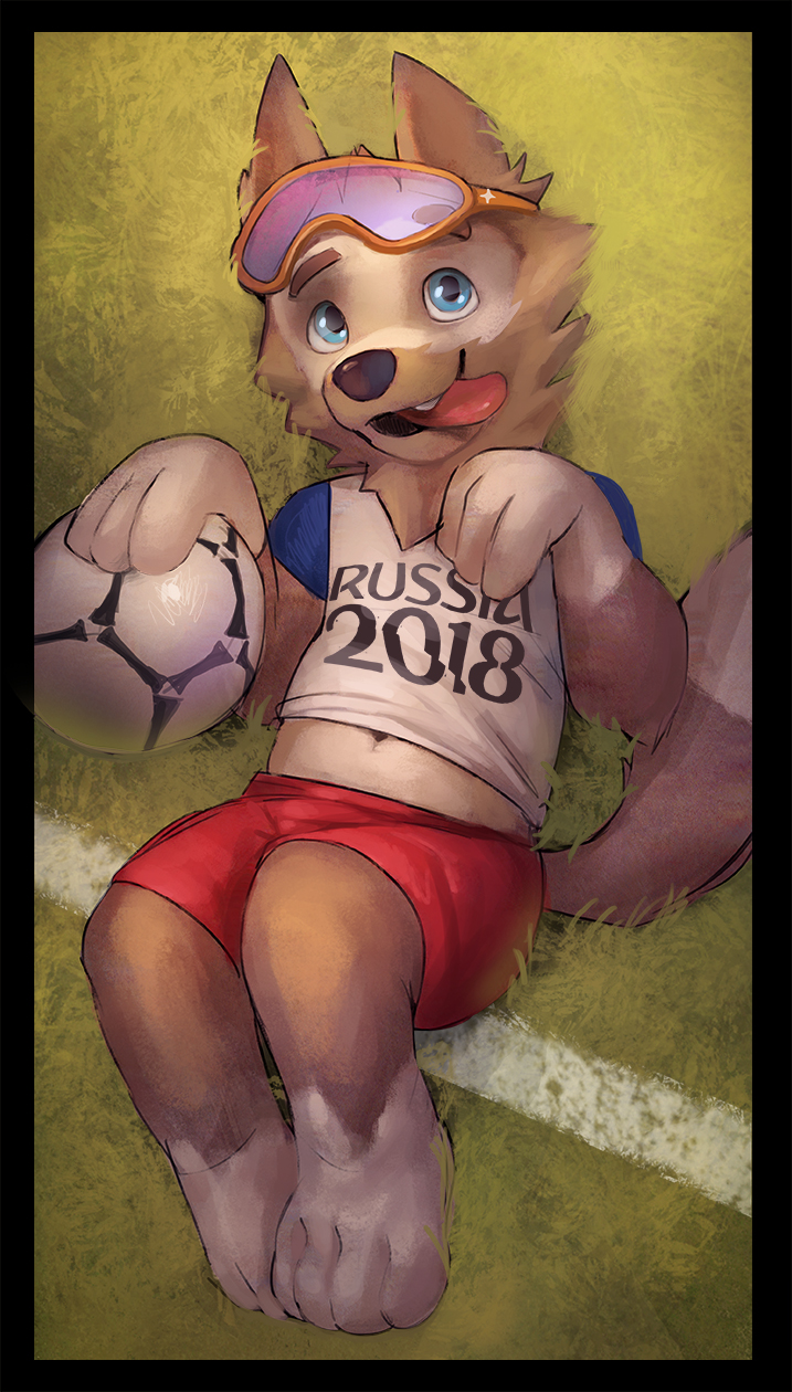 2016 anthro arctic_wolf ball blue_eyes brown_fur canine clothed clothing cute digital_media_(artwork) eyewear fifa fur goggles lying male mammal mascot navel on_back russia russian shirt shorts simple_background smile soccer soccer_ball solo sport tacklebox tongue tongue_out white_fur wolf world_cup zabivaka