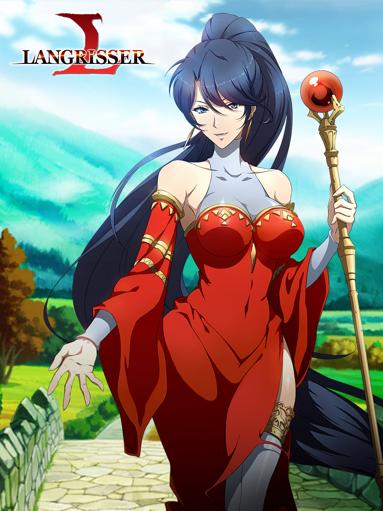 1girl armpits bare_shoulders blue_eyes blue_hair breasts copyright_name covered_navel detached_sleeves dress earrings forest jessica_(langrisser) jewelry langrisser large_breasts long_hair long_ponytail long_sleeves nature official_art outdoors outstretched_arm road side_slit sky smile solo staff thigh_strap thighhighs tree turtleneck turtleneck_dress very_long_hair white_legwear wide_sleeves