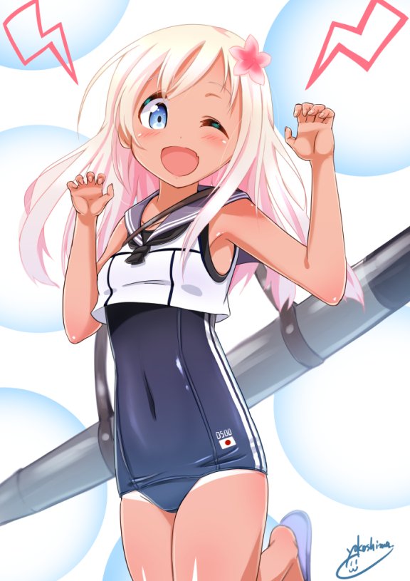 1girl black_neckwear black_sailor_collar black_swimsuit blonde_hair blue_eyes covered_navel cowboy_shot crop_top curled_fingers flower hair_flower hair_ornament kantai_collection long_hair looking_at_viewer neckerchief one-piece_swimsuit one-piece_tan one_eye_closed open_mouth ro-500_(kantai_collection) sailor_collar school_swimsuit school_uniform serafuku solo standing standing_on_one_leg swimsuit swimsuit_under_clothes tan tanline yokoshima_(euphoria)