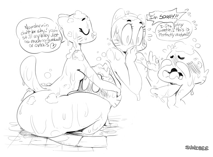 adopted adopted_son anthro bath blush breasts butt cartoon_network cat darwin_watterson embarrassed english_text feline female fish fur goldfish mammal marine mature_female mother nicole_watterson nipples parent penis sunibee text the_amazing_world_of_gumball
