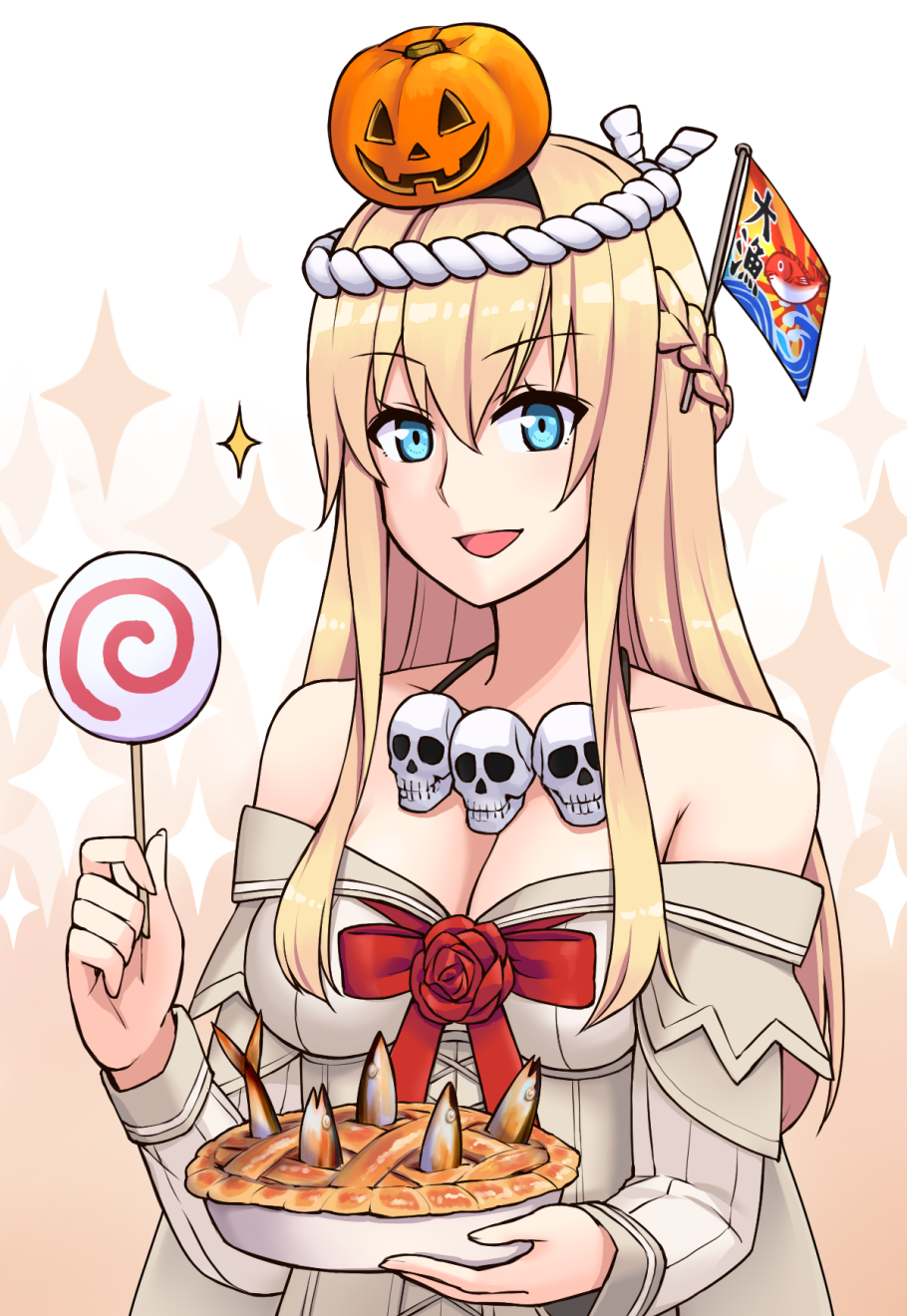 blonde_hair blue_eyes bowl braid breasts candy cerasus cleavage commentary_request dress fish flag food french_braid hachimaki headband highres jack-o'-lantern jewelry kantai_collection lollipop long_hair long_sleeves medium_breasts necklace nejiri_hachimaki off-shoulder_dress off_shoulder pie pumpkin_on_head red_ribbon ribbon rope saury skull solo stargazy_pie swirl_lollipop warspite_(kantai_collection) white_dress