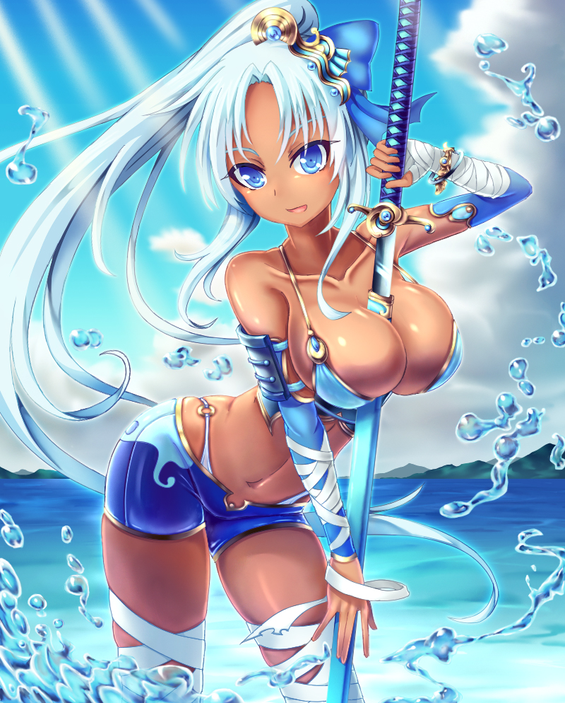 bikini blue_eyes breasts cyan_hair dark_skin large_breasts ocean ponytail sword water