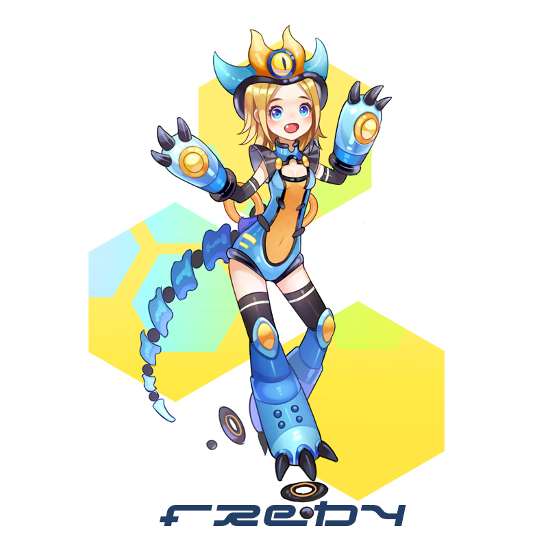 :d animal_costume big_hero_6 black_legwear blonde_hair blue_eyes blue_footwear blue_gloves blue_leotard blush boots breasts character_name claws cleavage_cutout disney extra_eyes fang floating fred_(big_hero_6) full_body genderswap genderswap_(mtf) gloves hat hexagon leotard looking_at_viewer open_mouth orange_leotard ringka_(pixiv) short_hair small_breasts smile solo tail thighhighs white_background wide_sleeves