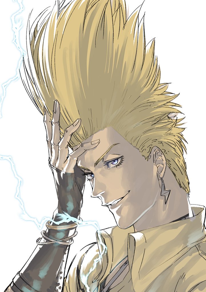 1boy azuma_kyoutarou_(artist) blonde_hair check_commentary commentary commentary_request detached_sleeves earrings electricity jewelry long_hair nikaidou_benimaru official_art smile snk spiked_hair static_electricity straight_hair the_king_of_fighters the_king_of_fighters:_a_new_beginning the_king_of_fighters_xiv