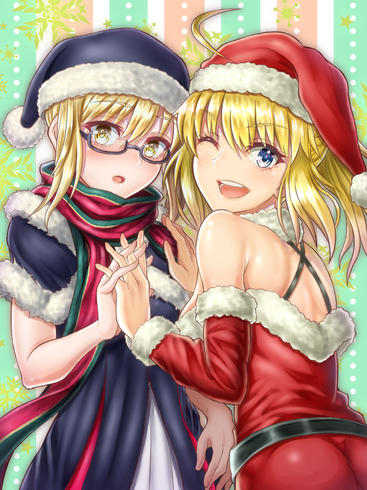 2girls :o ;d ahoge artoria_pendragon_(all) ass belt black-framed_eyewear black_capelet black_dress black_hat blonde_hair blue_eyes breasts capelet detached_sleeves donkikong_(pixiv17278003) dress fate/grand_order fate_(series) floating_hair fur-trimmed_capelet fur-trimmed_dress fur-trimmed_hat fur-trimmed_sleeves fur_trim glasses hand_holding hat interlocked_fingers long_hair long_sleeves looking_at_viewer medium_breasts multiple_girls mysterious_heroine_x mysterious_heroine_x_(alter) one_eye_closed open_mouth ponytail red_dress red_hat red_sleeves santa_costume santa_hat scarf semi-rimless_eyewear sideboob sidelocks sleeveless sleeveless_dress smile snowflakes standing strapless strapless_dress striped striped_background under-rim_eyewear upper_body yellow_eyes