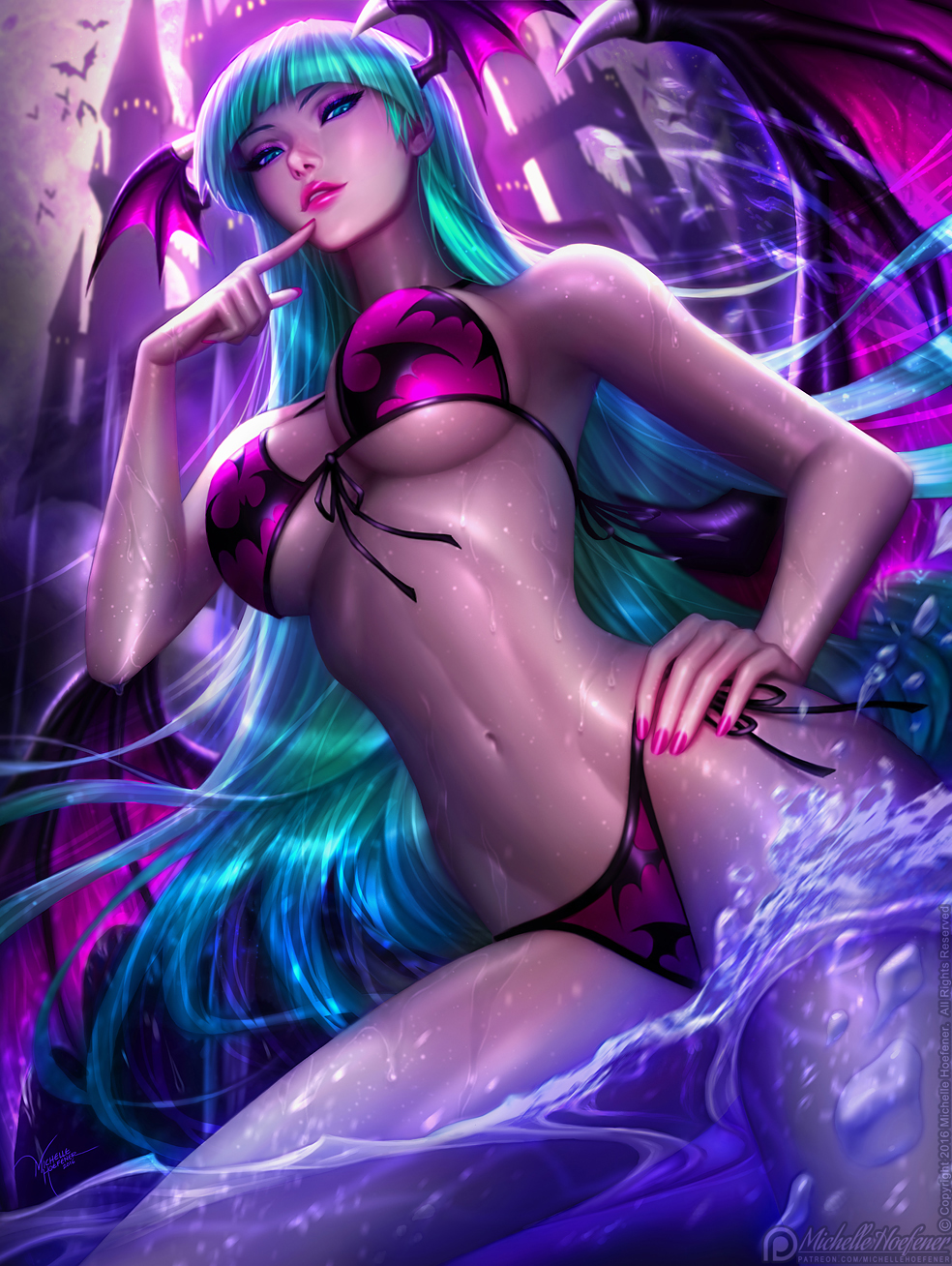 animal_print bat_print bikini breasts castle cleavage demon_wings fingernails front-tie_top hand_on_hip head_wings highres large_breasts long_hair looking_at_viewer michelle_hoefener morrigan_aensland nail_polish navel parted_lips shiny shiny_skin side-tie_bikini solo stomach swimsuit vampire_(game) water wet wings