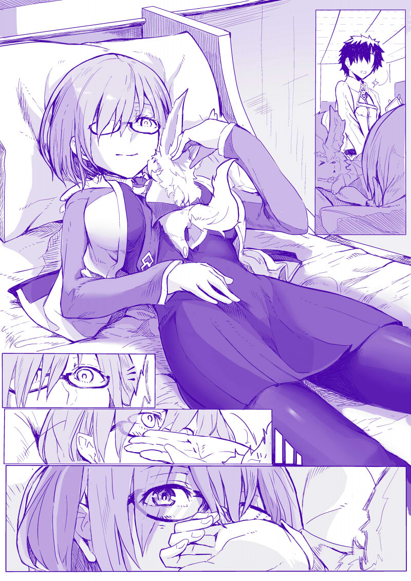 1boy 1girl bed comic commentary covering_mouth creature creature_on_chest fate/grand_order fate_(series) fou_(fate/grand_order) fujimaru_ritsuka_(male) glasses hair_over_one_eye hand_over_own_mouth looking_away lying mash_kyrielight monochrome on_back pantyhose pillow purple short_hair silent_comic smile syatey