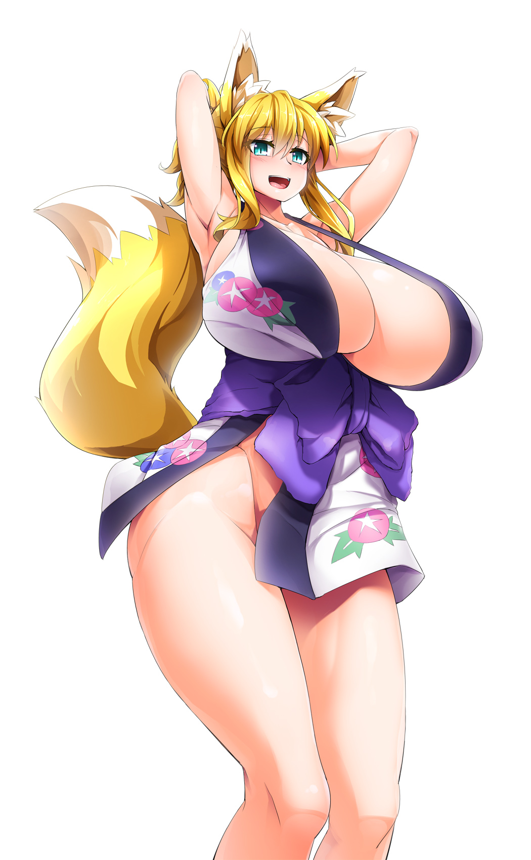 animal_ears aqua_eyes armpits arms_up breasts cleavage curvy dog_days doriruneko fox_ears fox_tail gigantic_breasts highres japanese_clothes kimono looking_at_viewer no_panties open_mouth plump short_kimono simple_background sleeveless sleeveless_kimono smile solo strap_gap tail tail_raised thick_thighs thighs white_background yukikaze_panettone