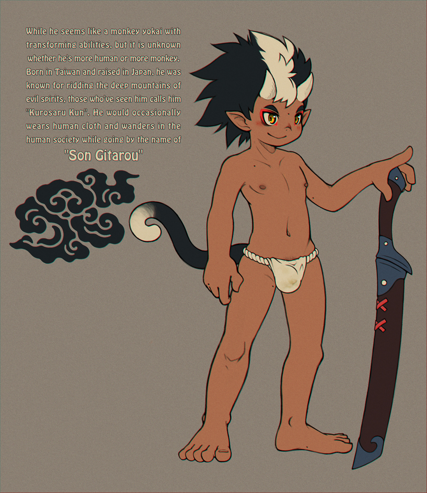 alternate_species barefoot bulge clothing cub english_text front_view full-length_portrait fundoshi gitarou horn humanoid humanoid_feet humanoidized japanese_clothing male melee_weapon monkey_humanoid navel nipples noca pointy_ears portrait smile sword text underwear weapon young