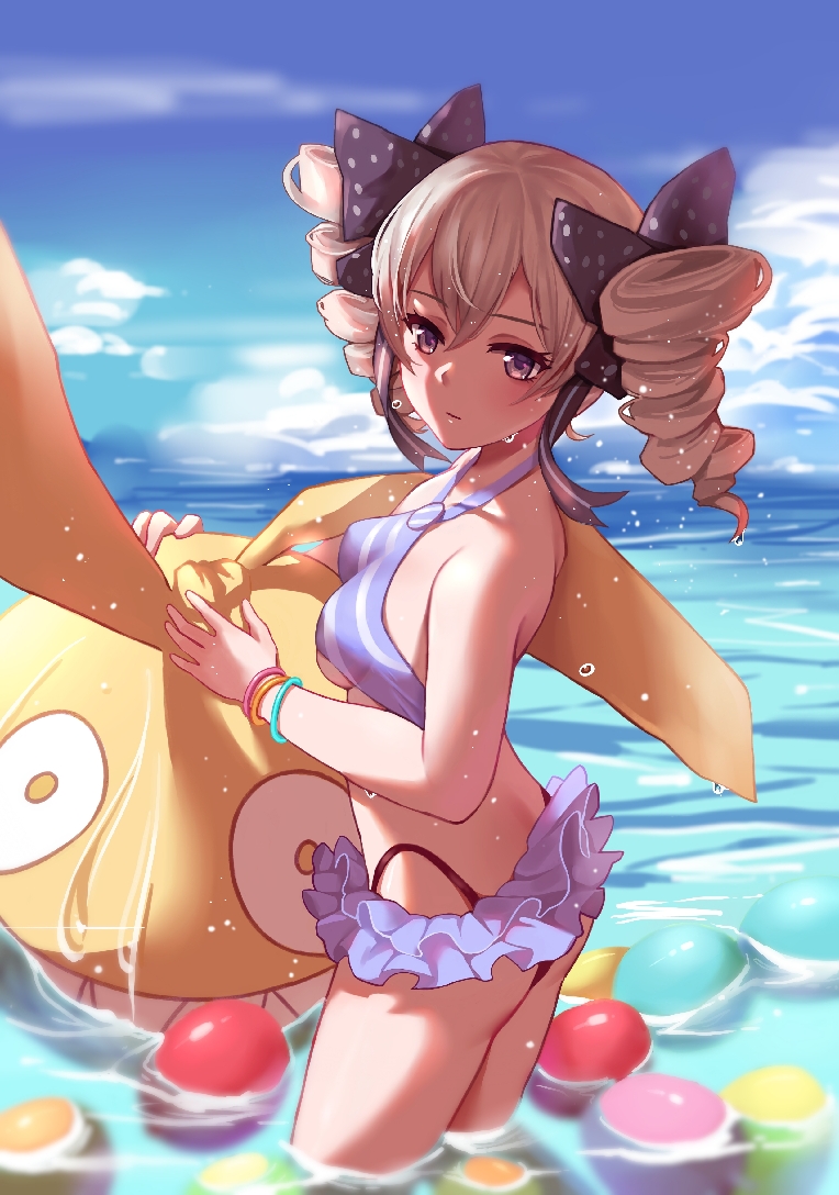 1girl bigroll bikini blue_bikini blue_eyes blue_sky bow bracelet breasts bronya_zaychik cloud commentary_request day drill_hair frilled_bikini_bottom from_side hair_between_eyes hair_bow homu_(honkai_impact) honkai_(series) honkai_impact_3 jewelry long_hair looking_at_viewer ocean outdoors silver_hair sky small_breasts solo striped striped_bikini swimsuit twin_drills underboob wading wet wet_clothes wet_swimsuit