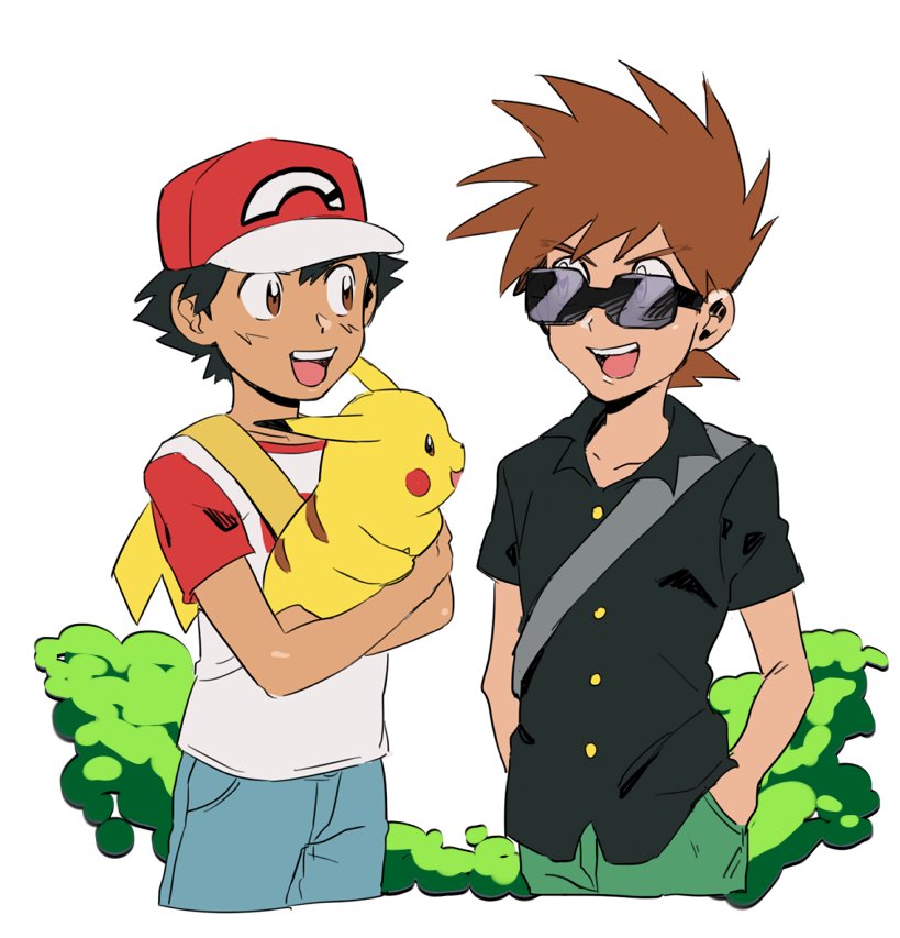 backpack bag baseball_cap bbrangka black_hair black_shirt brown_eyes brown_hair cosplay denim gen_1_pokemon green_pants hands_in_pockets hat jeans looking_at_another multiple_boys ookido_green ookido_green_(cosplay) ookido_shigeru open_collar pants pikachu pokemon pokemon_(anime) pokemon_(creature) pokemon_(game) pokemon_sm red_(pokemon) red_(pokemon)_(cosplay) satoshi_(pokemon) shirt simple_background smile spiked_hair sunglasses t-shirt white_background