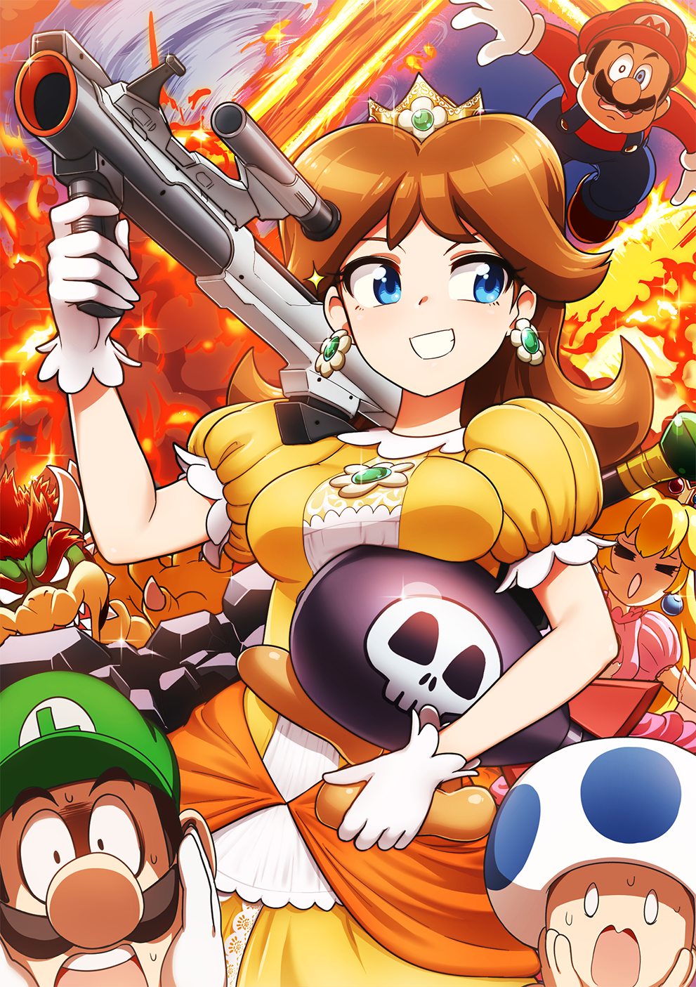 2girls 4girls :o aircraft airplane angry blonde_hair blue_eyes bomb bomber_(kirby) bowser breast_rest breasts brooch brown_hair clenched_teeth collar crown dress earrings explosion facial_hair female fire flower_earrings frilled_dress frills gem gloves grin gun hand_on_hip hand_up hat highres holding holding_gun holding_weapon jewelry kirby_(series) long_hair luigi mario mario_(series) medium_breasts multiple_girls mustache neck nervous nintendo o_o open_mouth orange_dress overalls pink_dress princess princess_daisy princess_peach puffy_short_sleeves puffy_sleeves red_hair round_teeth sassy scared short_hair short_sleeves smile solo spiked_collar spikes standing super_mario_bros. super_mario_land super_scope super_smash_bros. sweat takahashi_umori teeth thighhighs toad tomboy upper_body upper_teeth weapon white_gloves yellow_dress