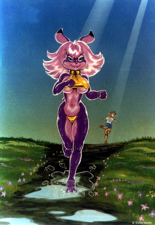 anthro blue_eyes breasts collar female hair jogging lagomorph mammal mauvette midriff pink_hair rabbit solo_focus steve_martin under_boob