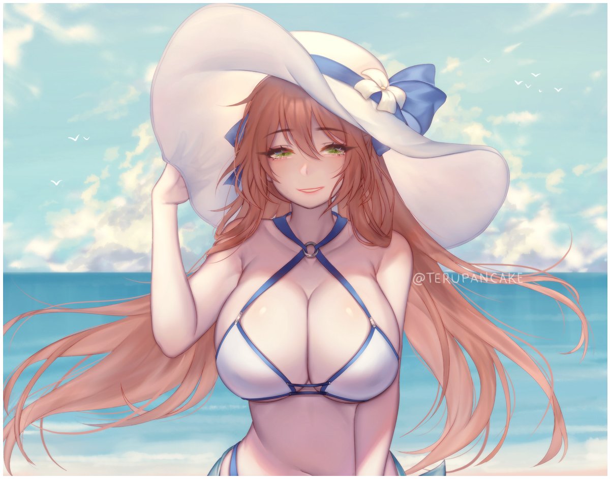 1girl alternate_costume bangs beach bikini blue_ribbon blue_sky blush breasts brown_hair cleavage cloud day eyebrows_visible_through_hair floating_hair flower girls_frontline green_eyes hair_between_eyes hair_rings half-closed_eyes hand_on_headwear hat hat_flower hat_ribbon large_breasts long_hair looking_at_viewer m1903_springfield_(girls_frontline) o-ring o-ring_top ocean outdoors parted_lips ribbon sarong sidelocks sky smile solo sun_hat swimsuit terupancake twintails twitter_username white_bikini white_flower wind wind_lift
